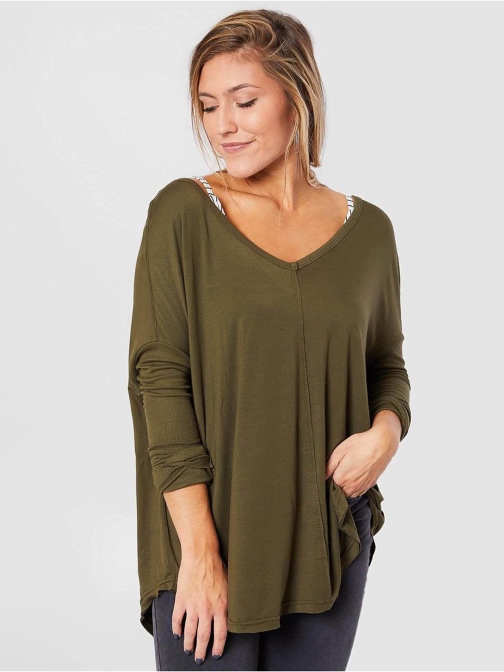 Free People Olive Green V-Neck Long Sleeve Tunic